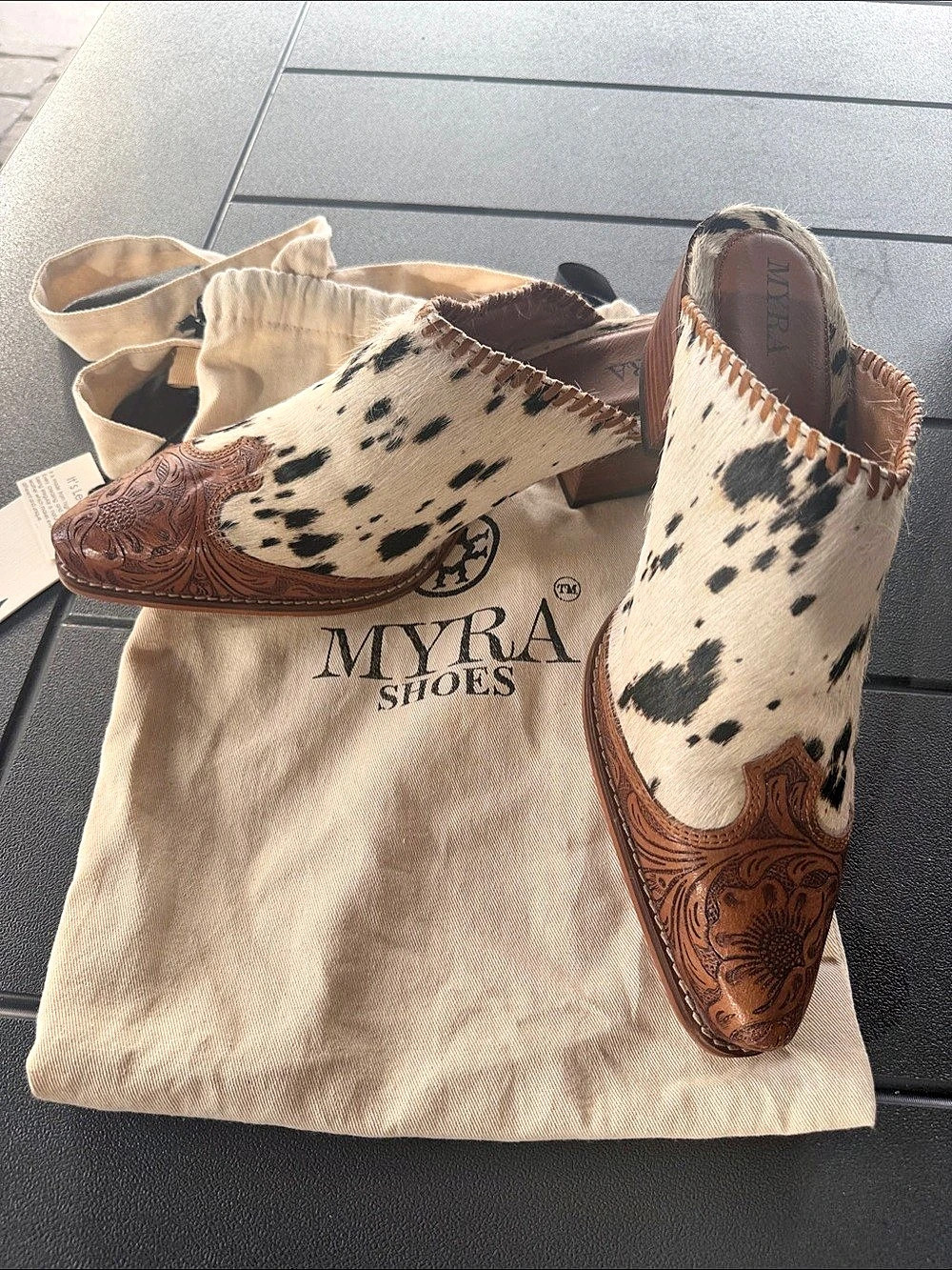 Myra Shoes Cowhide Embroidered Mules in Brown & Cream NWT